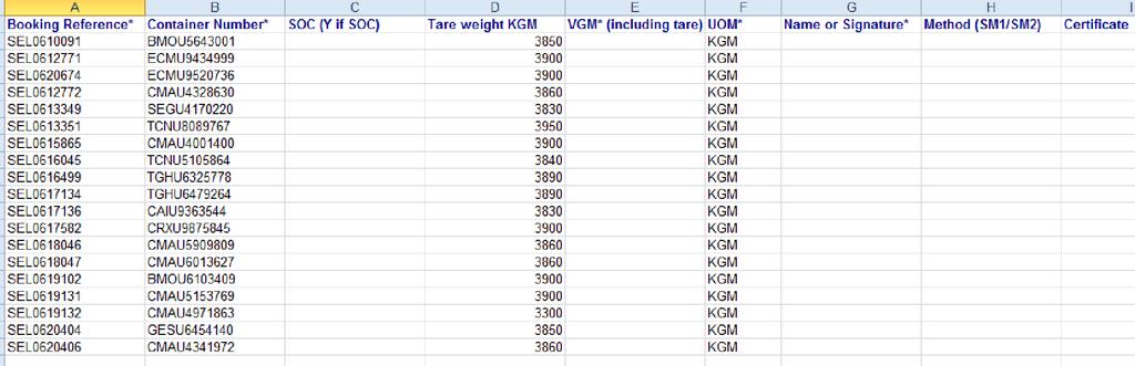 5. 2 VGM 을 Excel 양식에작성후업로드 VGM Upload(XLS) VGM, Name of Signature 등필수값입력 1.