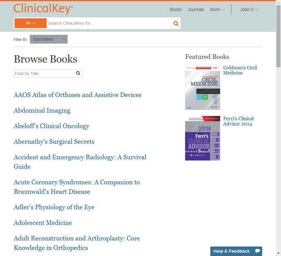 ClinicalKey안에서알파벳이름순으로책목록을확인할수있습니다. 2.