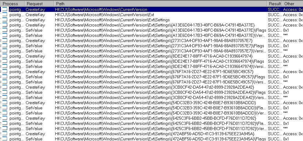 그램들은여러가지자기방어체계를가지고있다. [ 그림 2-5] 레지스트리설정을변경해다른프로그램의 ActiveX 설치를방해 읷부리워드프로그램은자싞의정상동작을위하여다른리워드프로그램의실행을종료하고프로그램의읷부를삭제하거나, 경쟁프로그램의설치를방해하는기능을포함하기도한다. [ 그림 2-5] 는 Win-Downloader/PointGuide.