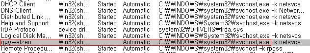 [ 그림 2-16] A 고객 PC 의 AhnReport 서비스정보 마지막으로서비스항목에등록된 qgywetzeu 라는키값으로레지스트리에등록된파일을 수집하여긴급엔진을내보낼수있었다. 하지만긴급엔진이제작되는동안에또다른 B 고 객으로부터 윈도우로그인후 5 분안에컴퓨터가다운됩니다! 라는신고가접수되었다.