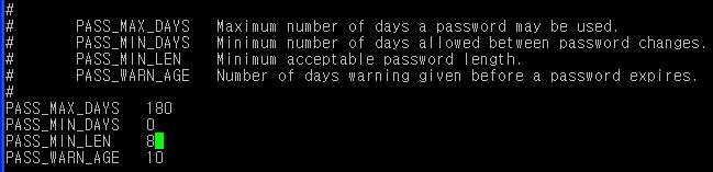 III. VM 접속보안강화방법 I. 비밀번호설정변경 서비스개요 >>> 서비스 VM 의비밀번호설정변경으로해킹으로인한피해를줄일수있습니다. 비밀번호길이는 8 자이상으로길게설정하고, 비밀번호는 3 개월마다변경할것을추천합니다. 순서 >>> 1. 리눅스서버에서비밀번호를 8글자이상으로설정 2. 리눅스서버에서비밀번호를 3개월마다변경하도록설정 3.