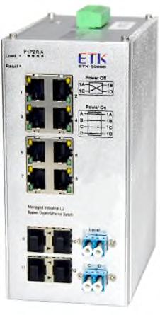 Managed Industrial 1G/10G L2, Non PoE Bypass Switch 제품 주요 사양 산업용 스위치: ETK-5000B-N842D Managed Industrial 1G/10G L2 Non PoE, Din Rail Type Switch 1Core Bypass Port 8x10/100/1000M UTP, Non