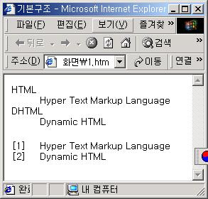 정의리스트 v <DL> : 정의리스트의시작과종료 v <DT> : 정의제목 v <DD> : 설명, 항목, DT에대해들여쓰기효과 v <DL compact> <dl> <dt>html <dd>hyper Text Markup