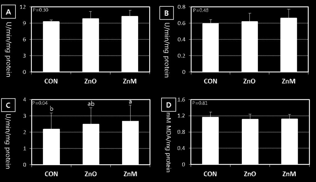 166 : Fig. 2. Effects of dietary Zn supplements on the specific activity of antioxidant enzymes (A, SOD; B, GPX; and C, GST) and lipid peroxidation level (MDA, D) in the liver of Korean native chick.