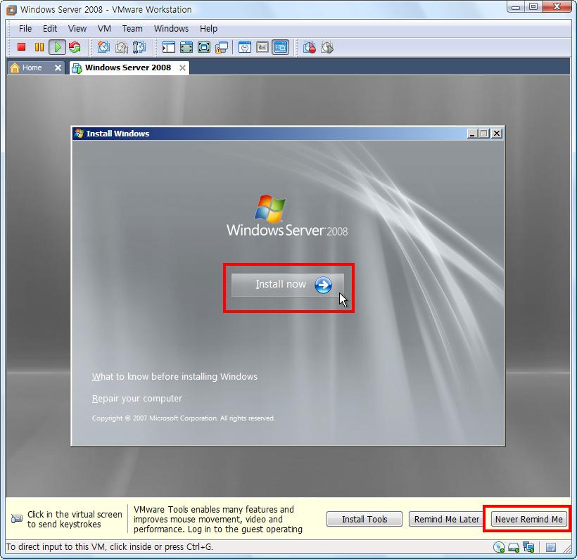 릭해서 경고창을 닫는다.) [그림 A-24] Windows Server 2008 설치 2 5-4. Product Key를 입력하는 창에서는 그냥 비워둔 채로, <Next>를 클릭한 후, 경고창이 나오면 <No>를 클릭해서 계 속 진행한다.