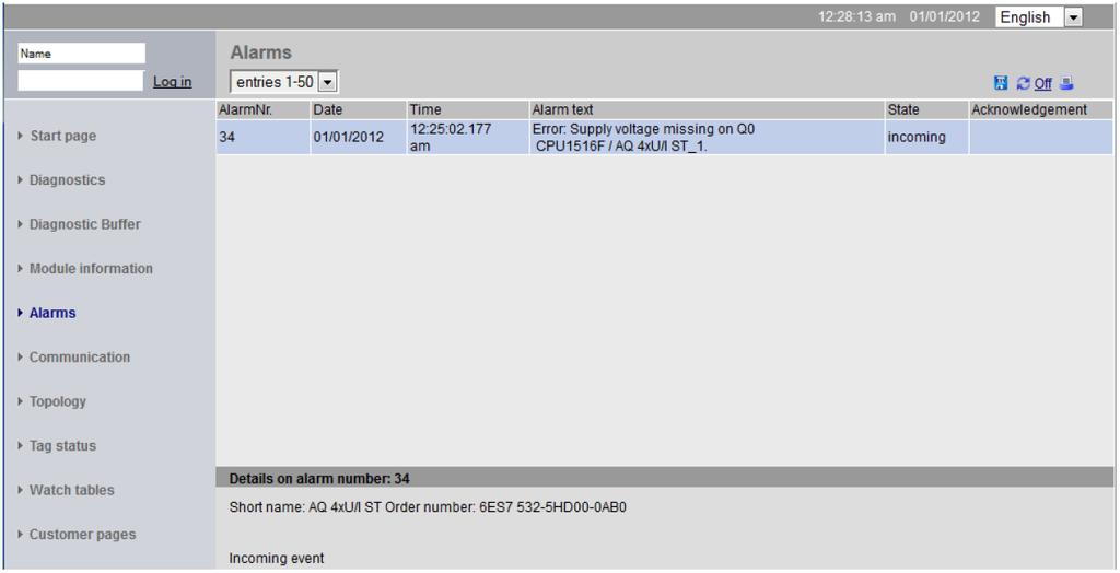 CPU 1516F-3 PN/DP 에서생성된경고텍스트는 "Alarms" 에서확인할수있습니다.