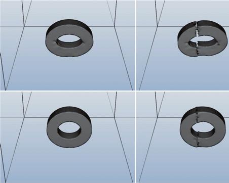 Figure 1: Fracture according to the change of stiffness and fracture threshold. Low stiffness object(up), High stiffness object(down). (resolution 134 3, 2.2 seconds per frame(up), 2.