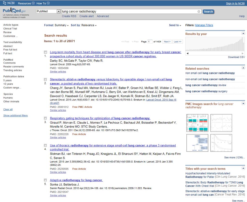 PubMed 검색결과화면 Titles with your Filters 전체 search terms 입력한검색결과중원하는검색어가타이틀에타입으로결과를나타난논문으로제한제한하여볼수있음 Find related data 다양한 NCBI 데이터베이스내의관련된검색결과제공 Search details