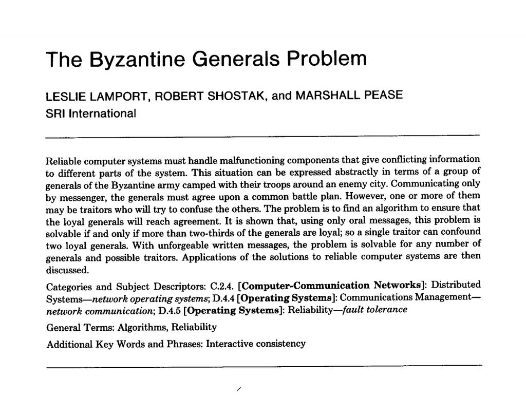 BGP (Byzantine Generals Problem) 35.. Paper "The Byzantine Generals Problem, Lamport, L.