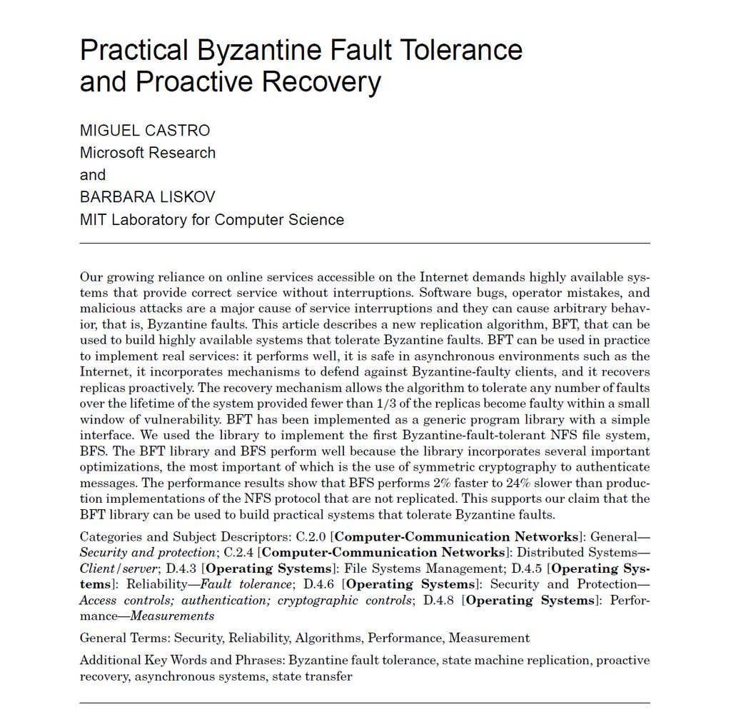 PBFT (Practical Byzantine Fault Tolerance) 37 Paper "Practical Byzantine Fault Tolerance and Proactive