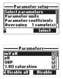 ( 하단그림참고 ) 설정메뉴관리 (Parameter Setup Menu) 메인화면화면에서방향키를사용하며, Select Parameters 를 선택한후, Select 버튼을누르면오른쪽화면이나타난다.