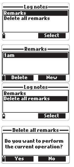ESC 키를눌러불러오기 Log recall" 메뉴로돌아간다. 로그노트 (Log Notes) 메모기능 (Remarks) - 각샘플에대한메모기능을사용할수있으며최대 20개가사용가능하다. - 메모기능을위해 Log notes" 를로그메뉴에서선택한후, Remarks" 를선택한다.