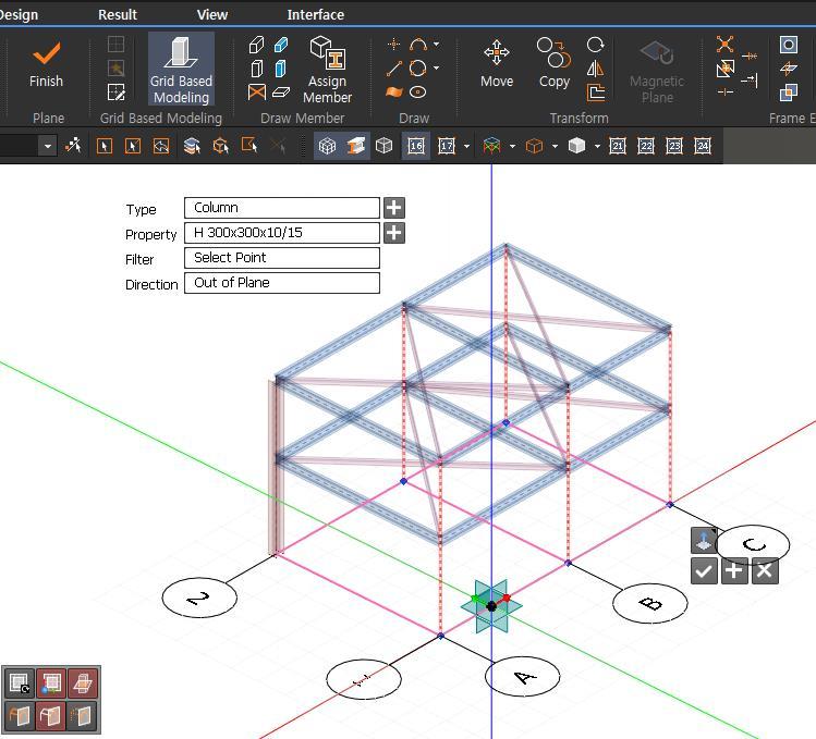 메인메뉴에서 [Model] 탭 > [Member] 그룹 > Grid Based Modeling 4 Type 선택란에서 Column,