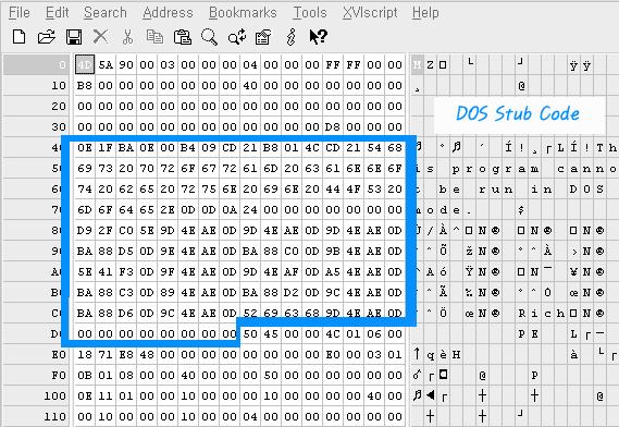 3. DOS Stub Code 시작점 ( 파일의첫부분이나메모리상의 ImageBase) 에서부터 DOS Header 의사이즈인 64bytes 만큼떨어진곳에서찾을수있다. DOS mode 에서실행되며현재사용하지않는부분이다.
