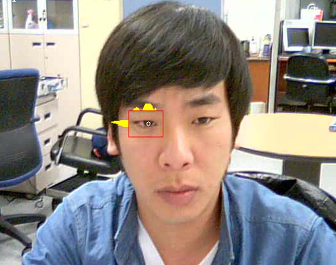 5] An example of eyes detection 3.3 눈동자중심추출 Haar-like feature를통해얻어낸눈영역에서눈동자중심을추출하는작업은눈영역중절반의영역만을이용해추출한다. 좌 / 우측눈중한쪽눈의중심점만을이용하기때문이다. 히스토그램을이용한눈동자중심점검출을그림 6에서, 눈동자중심점을검출하는예를그림 7에보인다. 3.4 눈동자추적추출된눈동자중심점은 Pyramid Lucas-Kanade Optical flow 알고리즘을이용해추적한다.