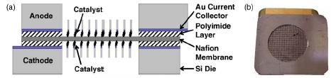 590 권용재 한종희 김진수 Figure 10. Passive direct fuel cell microfabricated system designed by Yeom et al.[44]: Schematics for silicon based membrane electrode assembly (Si-MEA).