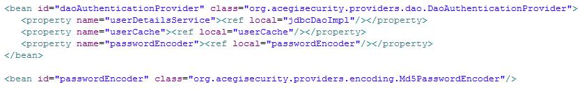 Authenticating against database 암호화된비밀번호처리 Password Encoder Md5PasswordEncoder PlaintextPasswordEncoder ShaPasswordEncoder