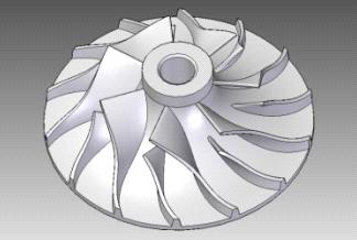 500W 급발전용초소형가스터빈설계 Fig. 7. 블레이드 3D 형상 : ( 상 ) 압축기, ( 하 ) 터빈 압축기 [8] 및터빈의 3D 성능해석은 ANSYS CFX 12.