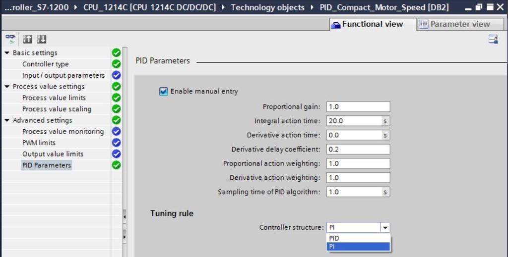 fi Advanced setting 에서이제 PID Parameters 의수동설정을찾을수있습니다. 컨트롤러구조를 PI 로변경한후을클릭해구성창을닫으면기능적 PID 컨트롤러가포함된완제품을받게됩니다. 이제품은작동중온라인으로계속시운전및조정작업을수행해야합니다.