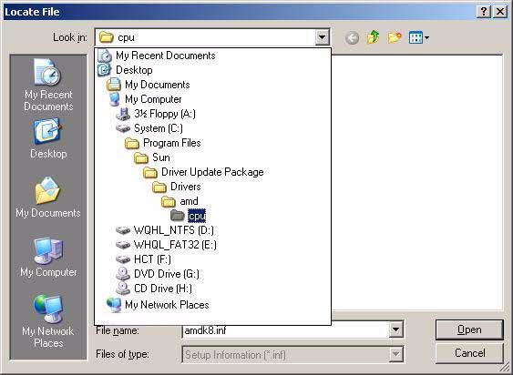 그림 8-19 Locate File( 파일찾기 ) 대화상자 9. AMD 프로세서드라이버의위치를찾은다음 Open( 열기 ) 을클릭합니다.