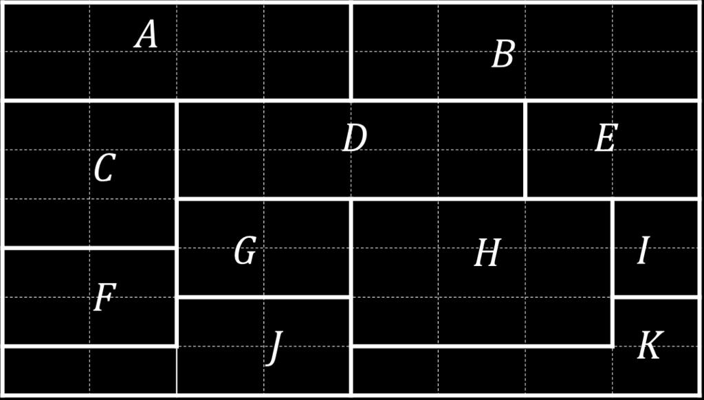 여기서, A, B, C, K는 region들을 가리키고, 이들 regions은 대부분 rectangle 유 형 (A, B, C, D, E, F, G, H, I)이며, 일부 regions들은 polyomino 유형 (J, K)이다.