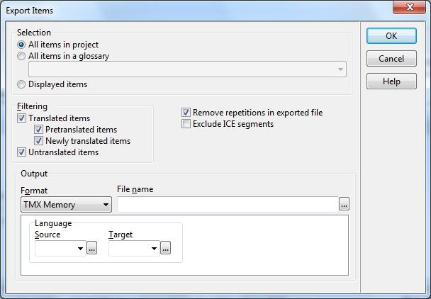 39 제 9 장 항목내보내기 ApSIC Xbench 에서다음포맷으로프로젝트항목을내보낼수있습니다. TMX 파일 탭으로분리된텍스트파일 Excel 파일 프로젝트의콘텐츠를내보내려면 Tools( 도구 )->Export Items( 항목내보내기 ) 를선택하십시오. 다음대화상자가나타납니다.