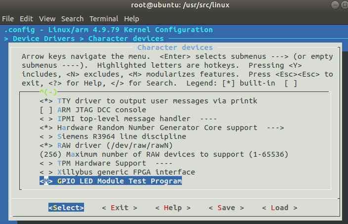 RaspberryPi 커널컴파일및커널모듈 77 커널모듈을커널에포함하기 ( 계속 ) : tristate 메뉴유형의경우, < > GPIO LED M... // 메뉴유형에따라적절히선택하여설정하고저장 (.config 로저장 ) # cat.