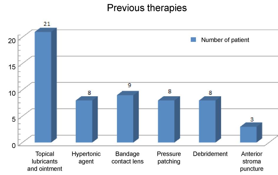 Number of previous recurrence in 21 eyes of 21 patients with recurrent corneal erosion. Figure 3. Previous therapies in 21 eyes of 21 patients with recurrent corneal erosion.