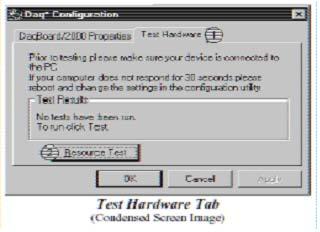 (3) Test Hardware DaqBoard/2000 Series board 를테스트하기위해서아래의단계를수행한다. ( 가 ) Daq* Configuration 창에서 "Test Hardware" 탭을선택한다.
