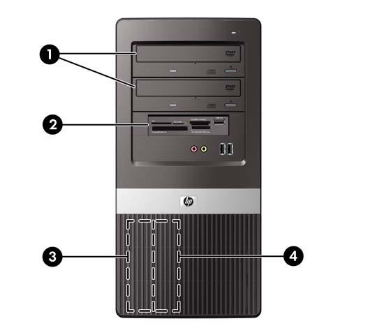 16. 액세스패널을분리할때풀어놓은보안장치를잠급니다. 17. 필요한경우컴퓨터를재구성하십시오. Computer Setup 사용에대한지침은 Computer Setup (F10) 유틸리티설명서를참조하십시오. 드라이브위치 주 : 아래의그림은사용자의컴퓨터모델과다를수있습니다. 그림 13 드라이브위치 1 선택사양드라이브용 13.