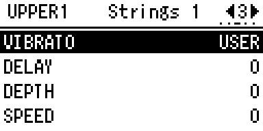 음색조건 [3 페이지 ] 페이지버튼을눌러 3 페이지를선택합니다. 3 음색컨트롤및이펙트 비브라토비브라토기능은음색의레벨을흔들어서더따뜻하고활기차게만듭니다. 이이펙트는각음색섹션에독립적으로적용됩니다. 일부음색의경우비브라토가전혀적용되지않거나원하는대로연주되지않을수있습니다. 프리셋 / 사용자 PRESET 과 USER 사이를전환합니다.