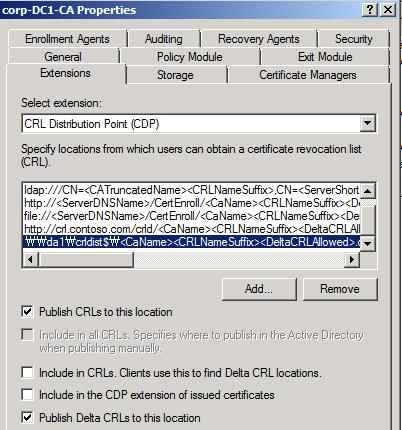17. Click Yes to restart Active Directory Certificate Services. 18. Close the Certification Authority console. 이제 CRL 분배설정을완료했다.