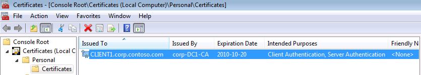 Client1 상의컴퓨터인증서검증 CLIENT1 클라이언트에컴퓨터인증서가자동으로발급되어설치되어있는지확인한다.