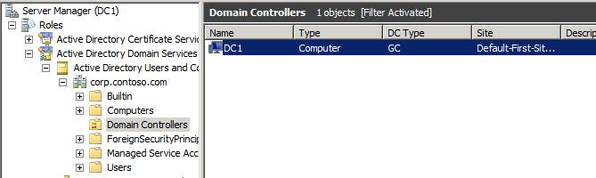 테스트랩구성 DC1 구성 본테스트에서는 dc1 서버가아래와같은조건으로 domain controller 구성되어있음을가정한다.