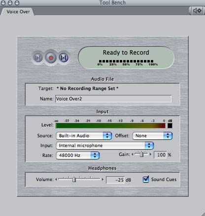 Voice Over 녹음하기 Tools 메뉴에서 Voice Over 를클릭한다. 레코드버튼을클릭하면 5 초간카운터를한다음비어있는트랙에녹음이시작된다.