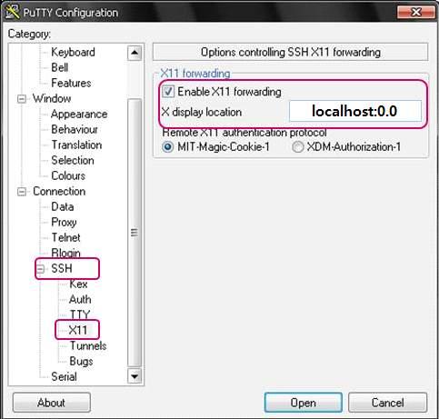 누리온시스템베타서비스사용자지침서 ssh -> X11 tap -> check Enable X11 forwarding X display location : localhost:0.