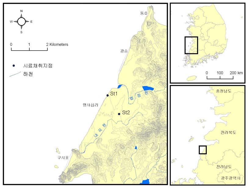 Ⅲ. 연구결과및고찰 75 바. 고창명사십리사구해안경관 1) 명사십리해안의개관고창명사십리해안은동호에서구시포에이르기까지거의 10km 에달하는직선형해안이다 ( 그림 44). 이지역에는동호, 광승, 명사십리, 구시포사구등 4개의해안사구지대가있으며, 이중광승사구와명사십리사구의규모가크다.