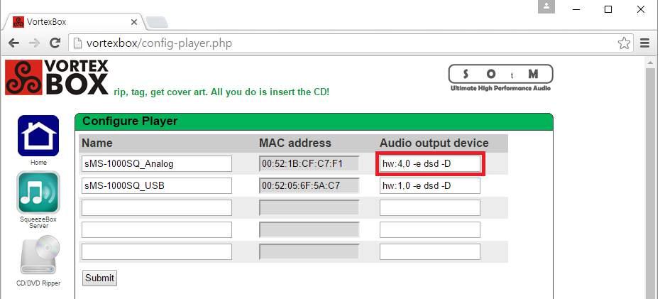 3. Audio Output Device 설정값변경하기 Audio Output Device 설정값을아래와같이변경하고 Submit 을클릭하여완료합니다. 변경전 > hw:4,0 변경후 > hw:4,0 e dsd D 4.