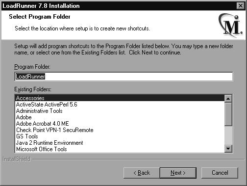 LoadRunner 설치안내서 Windows 에설치 8 Select Program Folder