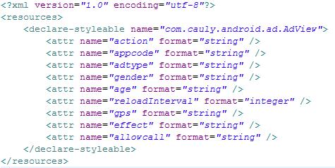 adview"> <attr name="action" format="string" /> <attr name="appcode" format="string" /> <attr name="adtype" format="string" /> <attr