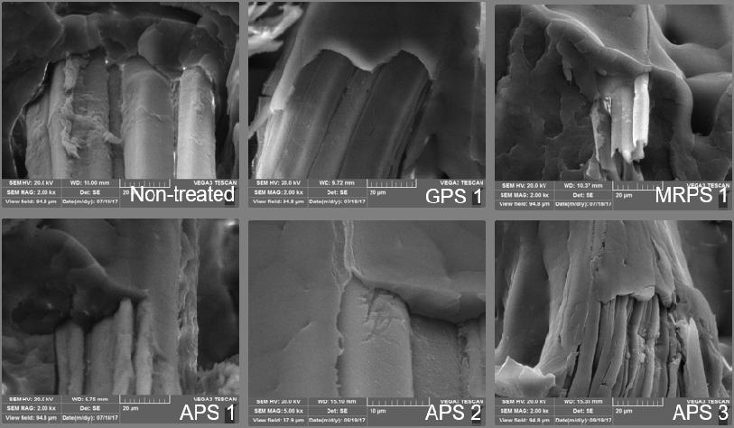 폴리프로필렌/케나프 섬유 펠트 복합체 물성에 대한 실란커플링제의 영향 (a) 41 Figure 8. SEM images for fractured surface of PP/KF felt composites.