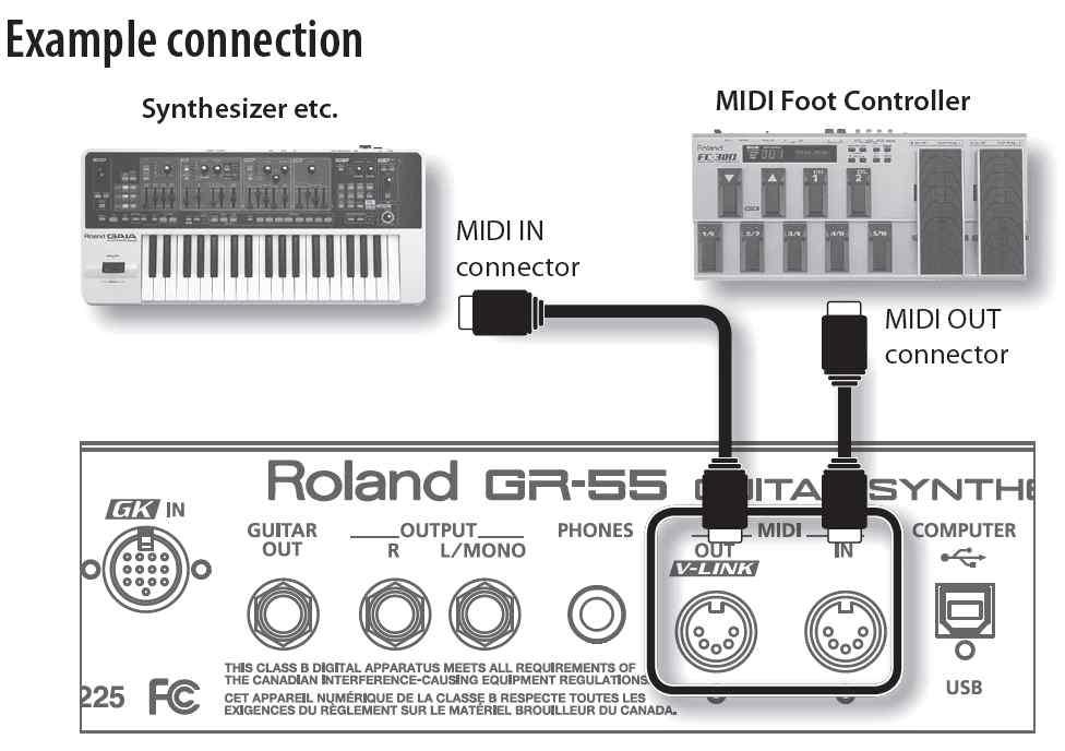 이커넥터또는 USB-MIDI 의 MIDI IN 커넥터에서의입력을통해서는 GR-55 음원을재생할수없다 MIDI 단자에관하여 MIDI IN 단자이단자는외부장치로부터전송된 MIDI 데이터를수신한다 GR-55 MIDI 데이터수신에응답하여패치를바꿀수있다 이단자또는 USB-MIDI 의 MIDI IN 단자에서입력을통해 GR-55 의음원을재생할수는없다