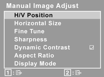 제어 설명 Manual Image Adjust ( 수동이미지조정 ) 수동이미지조정메뉴를표합니디. H. /V. Position ( 수평 / 수직위치 ) 화면이미지의수평과수직위치를조정합니다. H. size ( 수평크기 ) 화면이미지의너비를조정합니다.