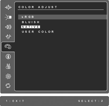 제어 설명 Color Adjust ( 색상조절 ) 다음과같이여러가지색상조절모드를제공합니다. 기본설정색상온도와, 적색 (R), 녹색 (G), 청색 (B) 의개별조절이가능한 User Color ( 사용자정의 ) 옵션. 이제품의출고시기본설정은기본입니다. srgb- 는색관리용업계표준으로빠르게성장하고있으며많은최신응용프로그램에서지원됩니다.