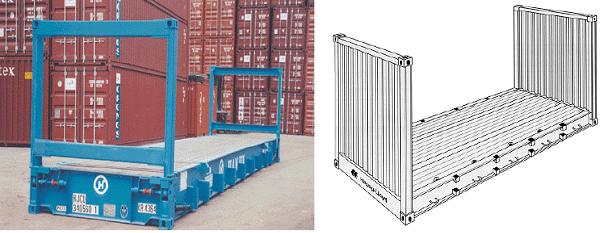 01 컨테이너운송의기초 - Frat rack container : 일반표준컨테이너의천정과앞뒤벽면의일부를제거포크리프트에의한측면작업가능,