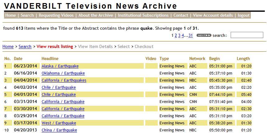패싯분석기법을적용한방송자료의내용구조화에관한연구 317 < 그림 1> Vanderbilt Television News Archive 에서 지진 이라는키워드검색결과로제시되는목록정보화면 출처 : http://tvnews.vanderbilt.edu/ 어있어방송의서지정보만으로는사실상고유한방송내용을식별하기에제한적인정보만접근점으로주어지는것을알수있다.
