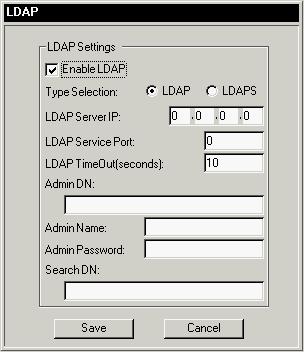 LDAP 설정 LDAP / LDAPS를통해 KH1508i / KH1516i에인증및승인을사용하도록하려면다음값들을설정해야합니다. 1. LDAP / LDAPS 인증및승인을사용하도록체크하십시오. 2. LDAP이나 LDAPS 중어느것을사용할지설정하려면라디오버튼을클릭하십시오. 3. LDAP 혹은 LDAPS 서버의 IP 주소및포트번호를입력하십시오.