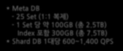 * Meta DB - 25 Set (1:1 복제 ) - 1 Set 당약 100GB ( 총 2.5TB) Index 포함 300GB ( 총 7.