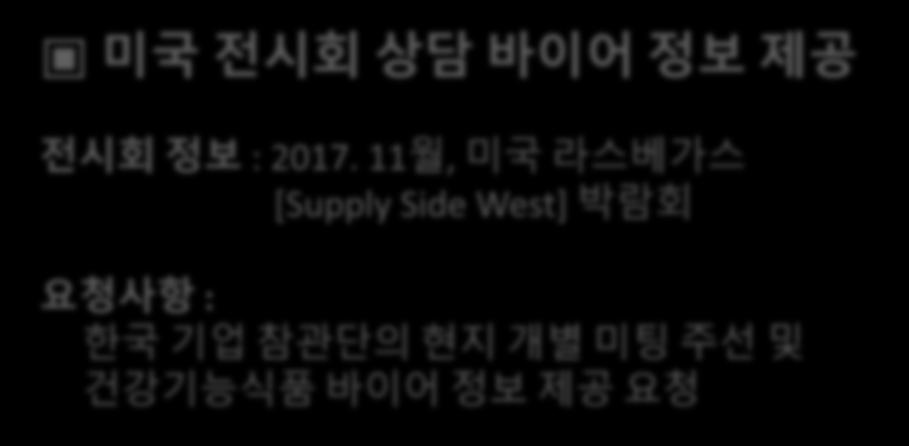 11 월, 미국라스베가스 [Supply Side West] 박람회 요청사항 : 한국기업참관단의현지개별미팅주선및건강기능식품바이어정보제공요청 베트남현지시장조사부문 1.
