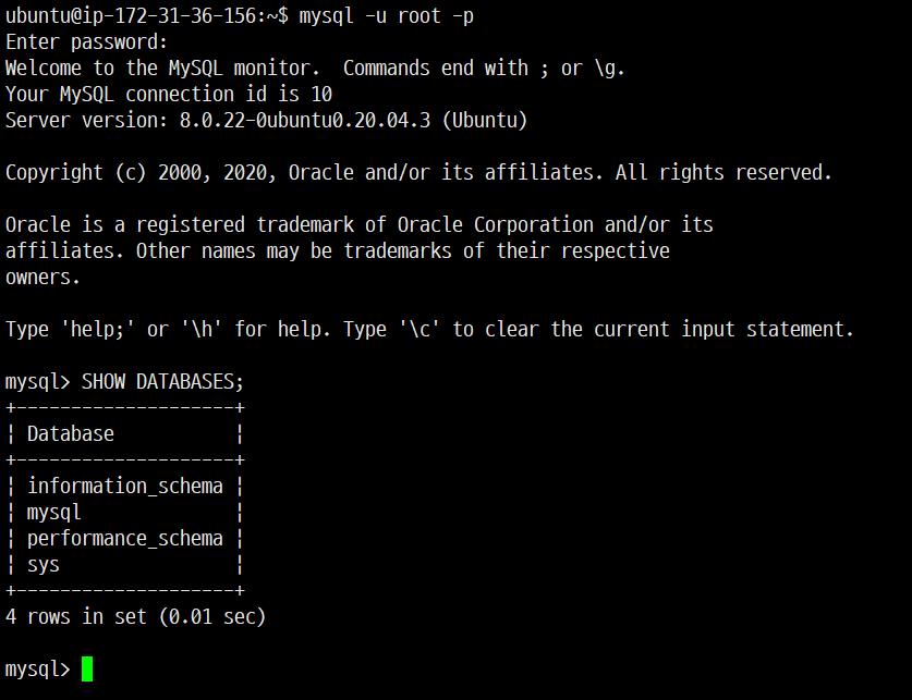 ~/Practice/MySQL/ > Installation (2) 접속하기 mysql u root p # -u: DB 접속사용자지정. # -p: 비밀번호를입력하겠다는뜻. # -h: 호스트지정.